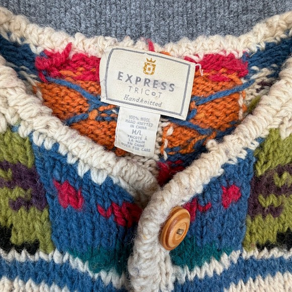 Vintage Express Tricot Cardigan Womens M/L Patchwork Wool Chunky Hand Knit READ - Picture 8 of 12